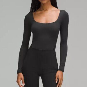 Wundermost Ultra-Soft Nulu Square-Neck Long-Sleeve Bodysuit - Size S - Black